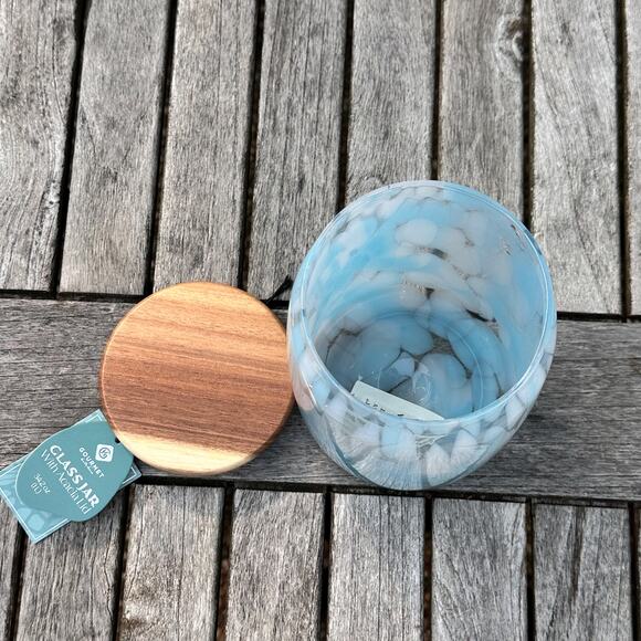 Murano Light Pastel Blue Confetti Glass Jar with Acacia Lid BPA Free Storage New - Picture 10 of 12